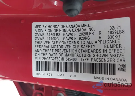 2021 Honda Civic Sport из США, поврежденный, VIN 2HGFC2F80MH545466